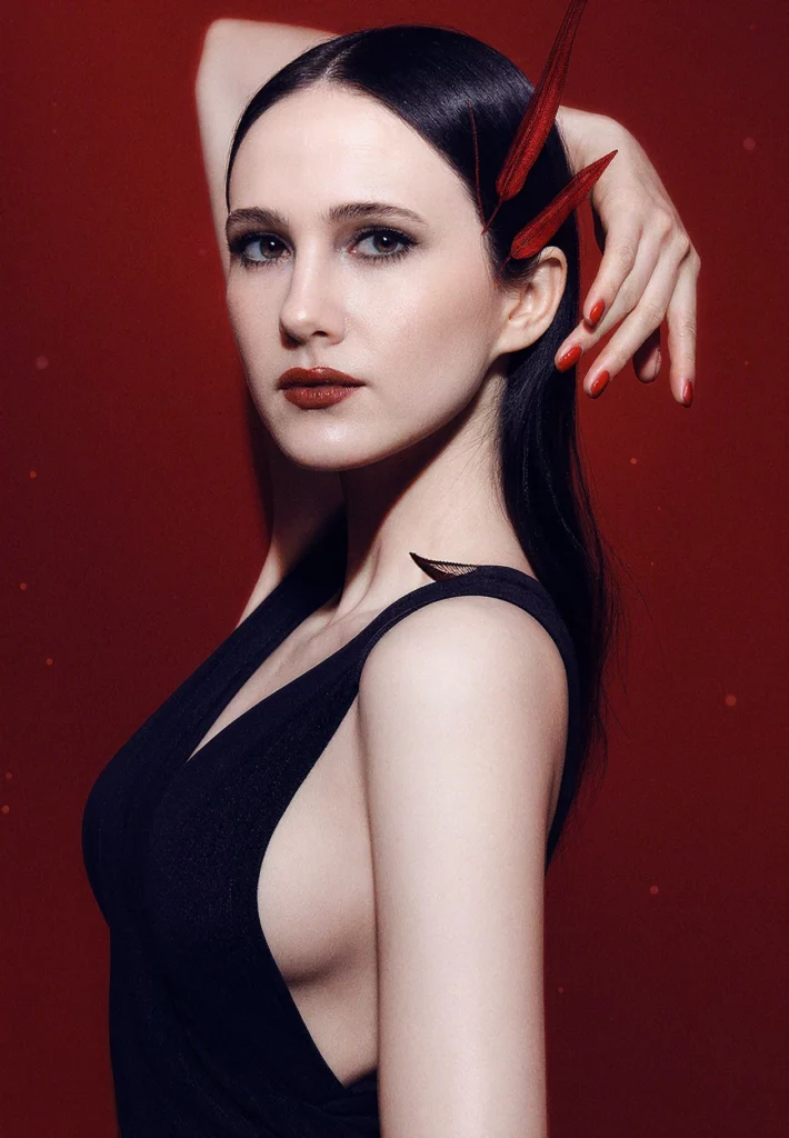 asian-european-fusion-beauty-high-end-makeup-hairstyle red background perfect make up look perfect red finger nails black dress