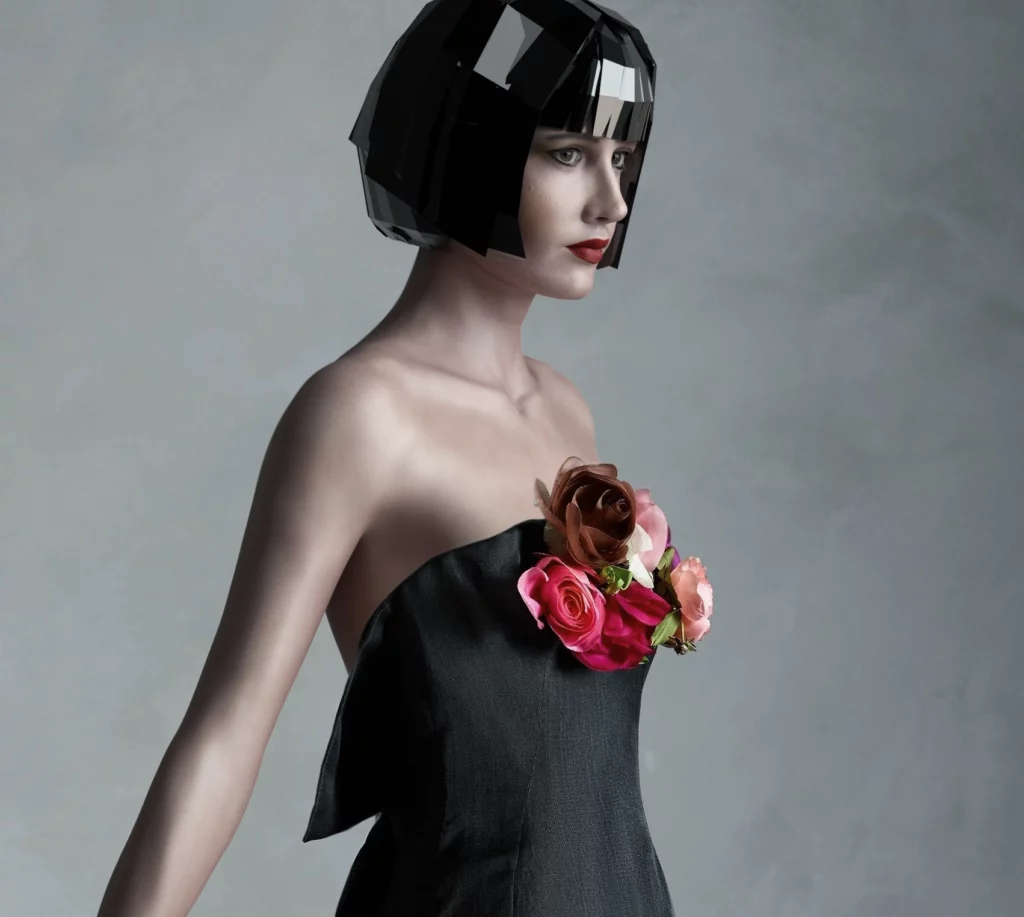 Lisa-digital-human-cgi-model-cute-hair-glossy-skin. plastic hair cut beauty dress , perfect face make up flower dress