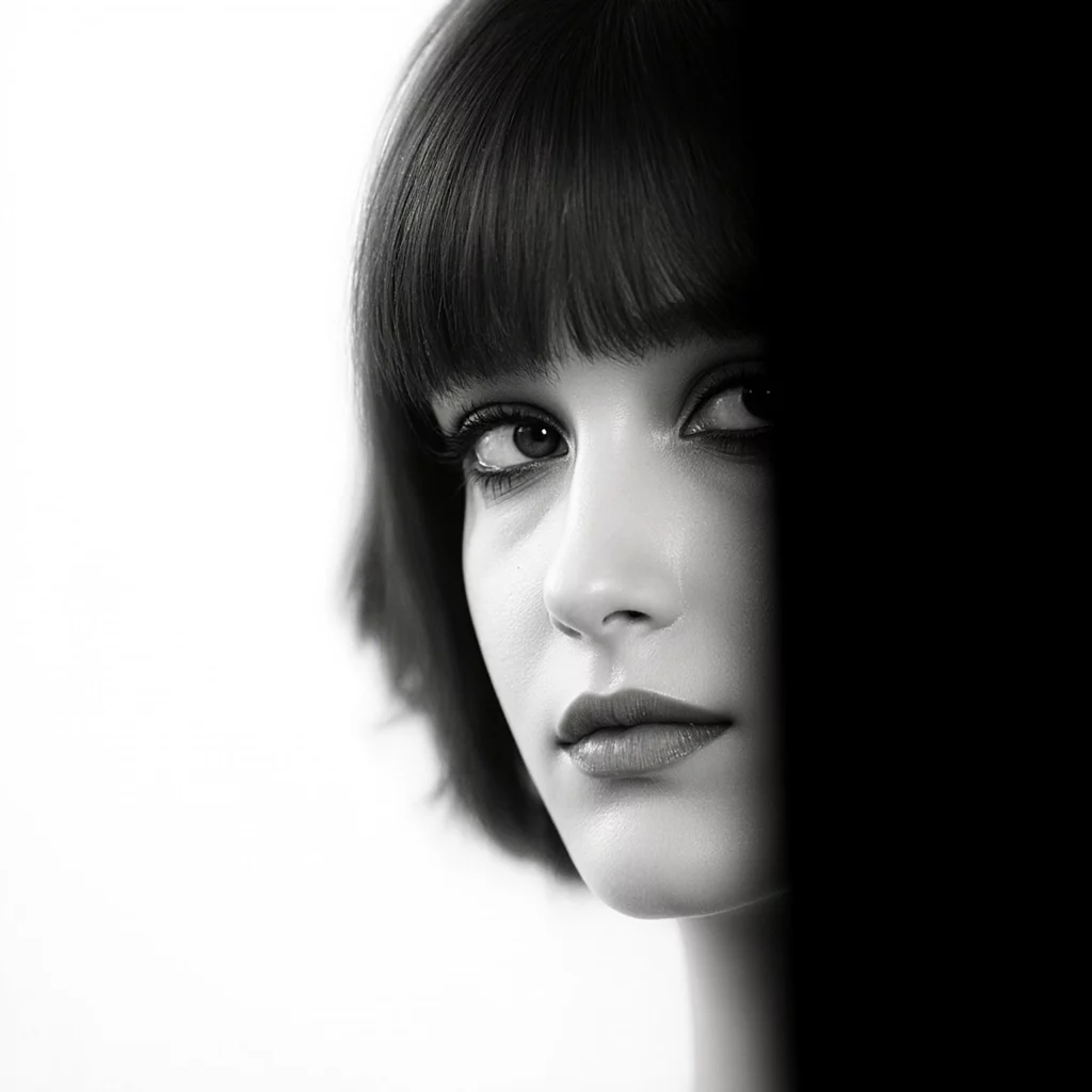 CGI / digital / 3D fashion model cgi-model-shadow-black-white-closeup-short-hair-beauty-looking-back shadow, black & white, short hair, beauty, looking back