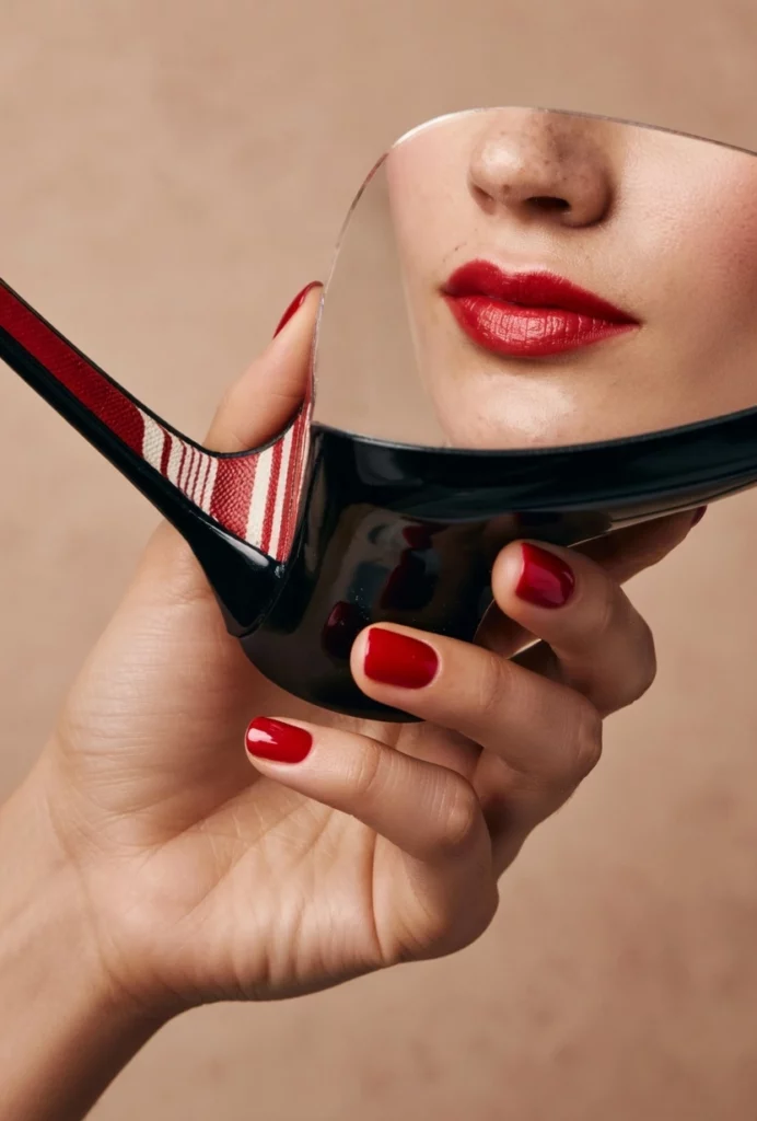 fashion-model-mirror-lipstick-hand-closeup red lipstick back red high heel shoes louboutin heels