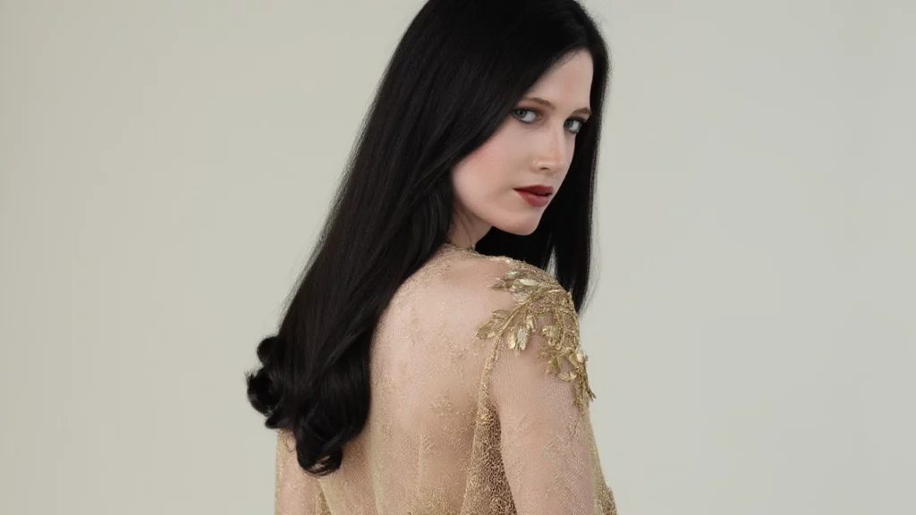 golden-dress-beauty-snow-white-perfect-face. perfect make up green eyes black long hair close up