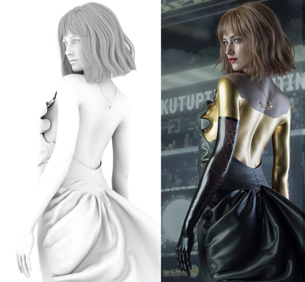 "Lisa Gen LG Blade Runner Style - Clay 3D Model vs Final Render Comparison | Blonde Girl in Futuristic Cyberpunk Look | Meta RenderLabs