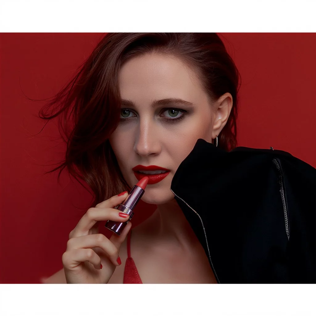 CGI / digital / 3D fashion model short hair, red lipstick, green eyes, red background